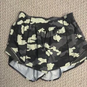 Lululemon Athletica Black, Gray, and Lime Camo Athletic Shorts
